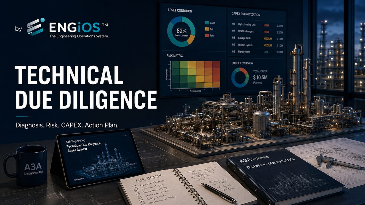 Imagem demonstrando Due Diligence Técnica de ativos e instalações, com diagnóstico de condição, riscos técnicos, CAPEX e plano de ação para Engenharia.