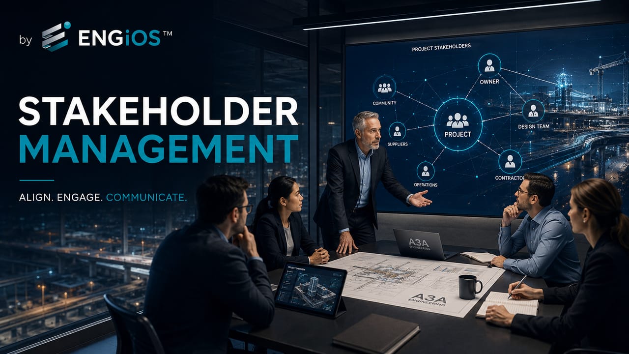 Imagem demonstrando o conceito de Gestão de Stakeholders em Projetos de Engenharia, com identificação de partes interessadas, comunicação, influência e engajamento.
