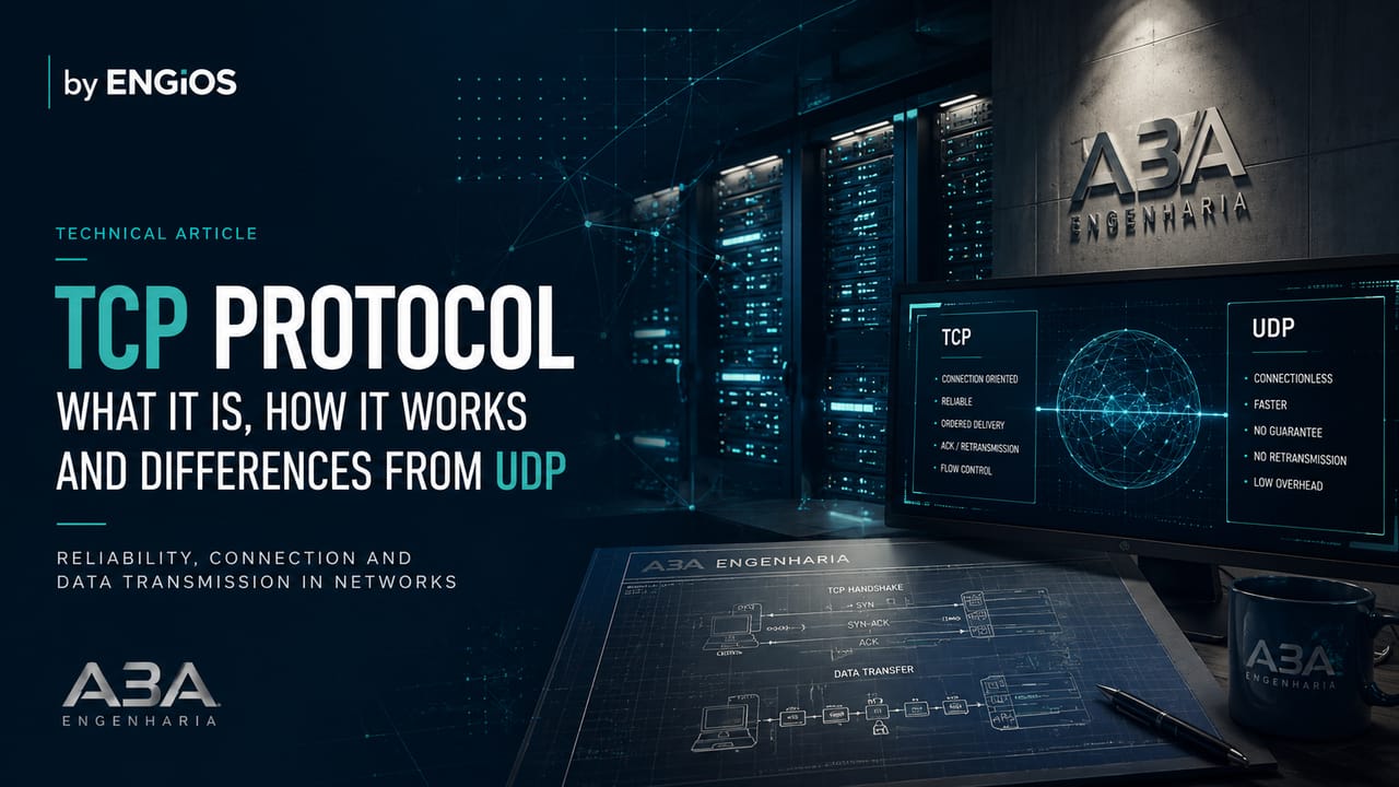 Imagem demonstrando o protocolo TCP em redes IP, com conexão orientada, controle de sequência, confirmação de entrega e comunicação confiável entre hosts.