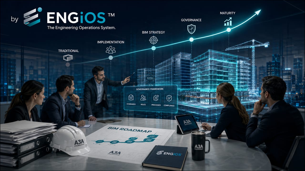 Imagem demonstrando o conceito de Implantação BIM, com roadmap de maturidade, estratégia, governança e evolução dos processos de informação.