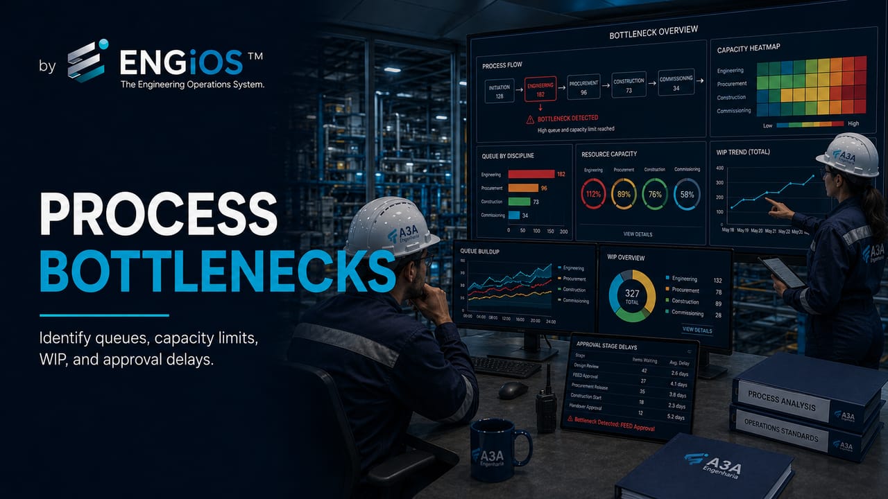 Gargalos em processos de engenharia com filas, capacidade, WIP e aprovações