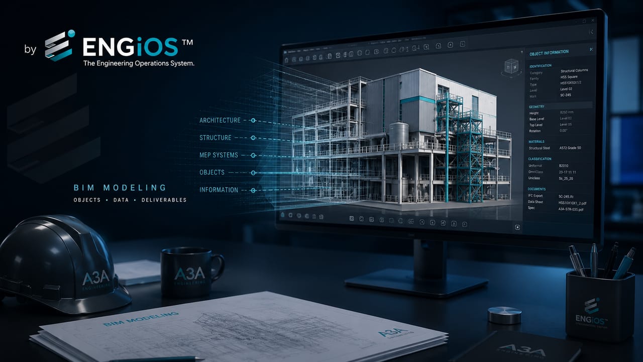 Imagem demonstrando o conceito de Modelagem BIM em Engenharia, com desenvolvimento de modelos, objetos, informações e entregáveis multidisciplinares.