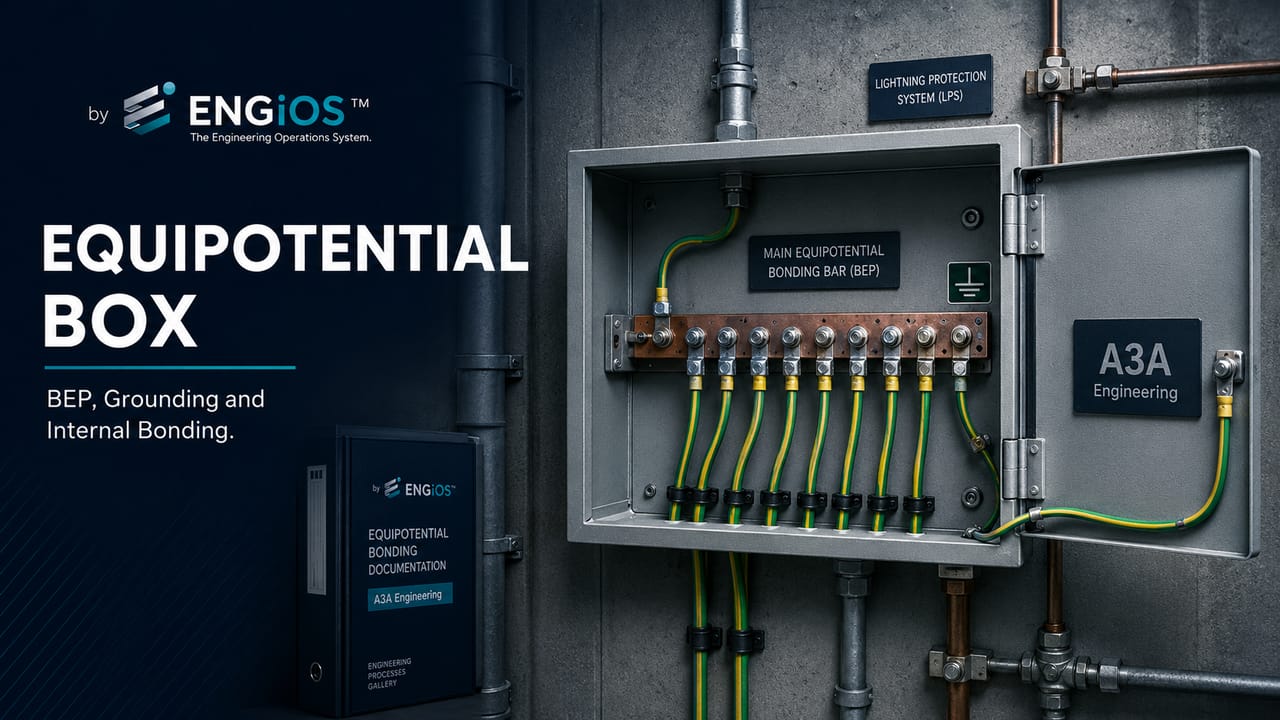 Imagem demonstrando caixa de equipotencialização em instalação elétrica e SPDA, com BEP, conexões de aterramento e equalização de potenciais.