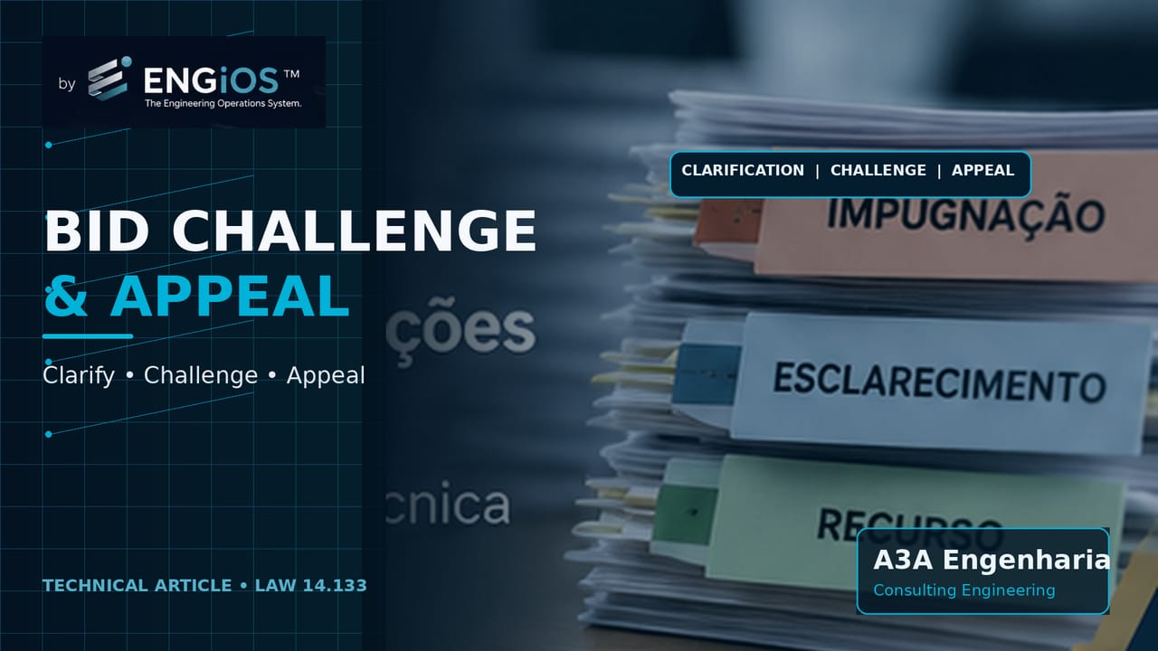 Imagem demonstrando impugnação de edital, pedido de esclarecimento e recurso em licitações de Engenharia, com análise técnica de requisitos e critérios.