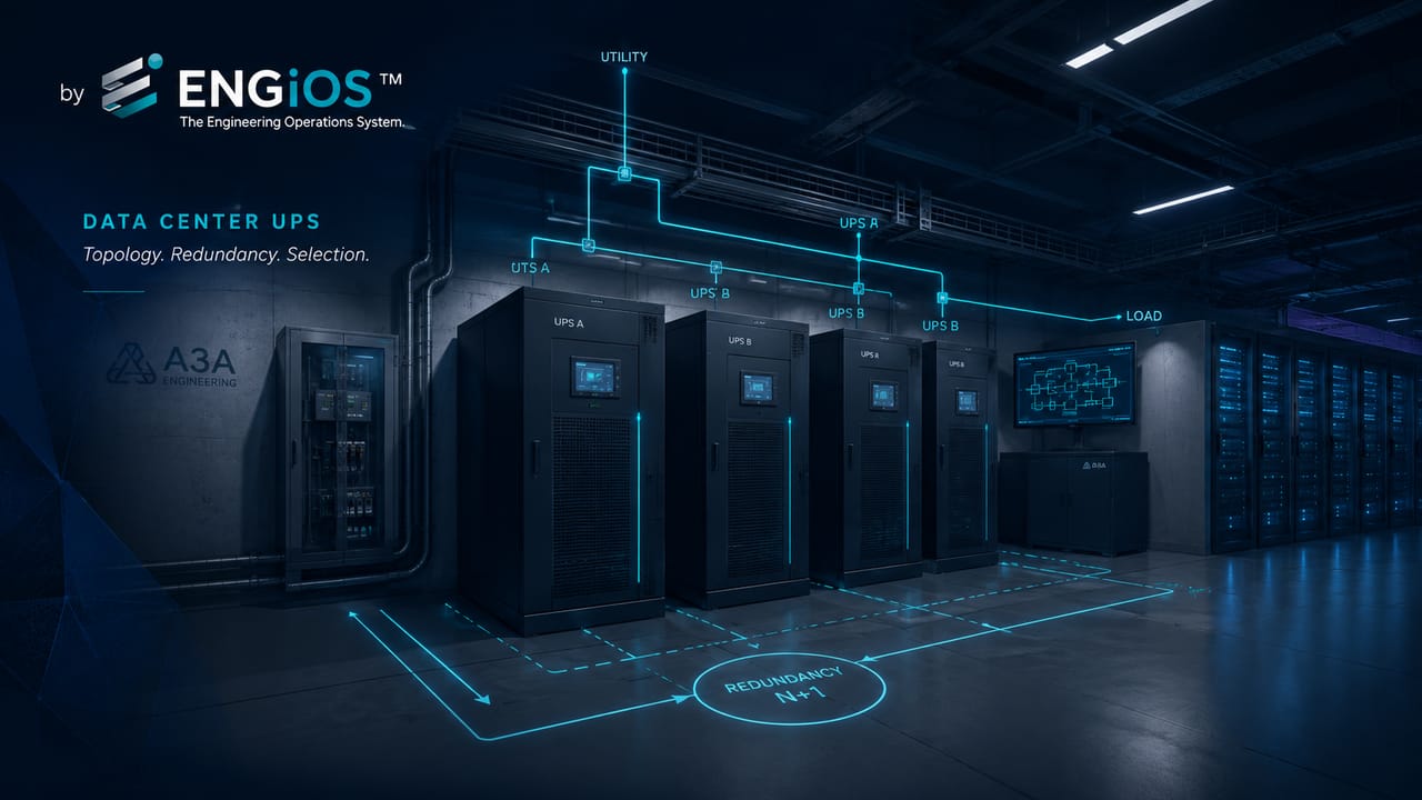 Imagem demonstrando o conceito de UPS para Data Center em Engenharia, com sistemas de alimentação ininterrupta, redundância, distribuição elétrica crítica e continuidade de operação.