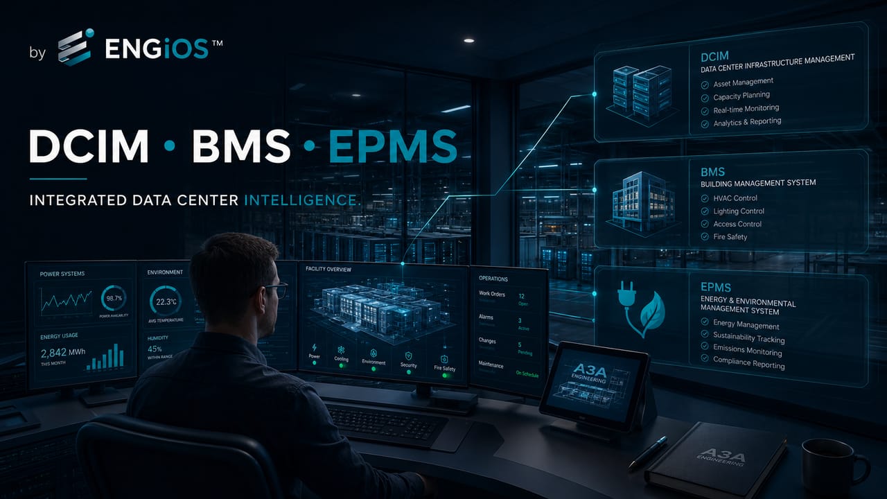 Imagem demonstrando o conceito de DCIM, BMS e EPMS em Data Centers, com supervisão de infraestrutura crítica, energia, climatização, alarmes e integração operacional.