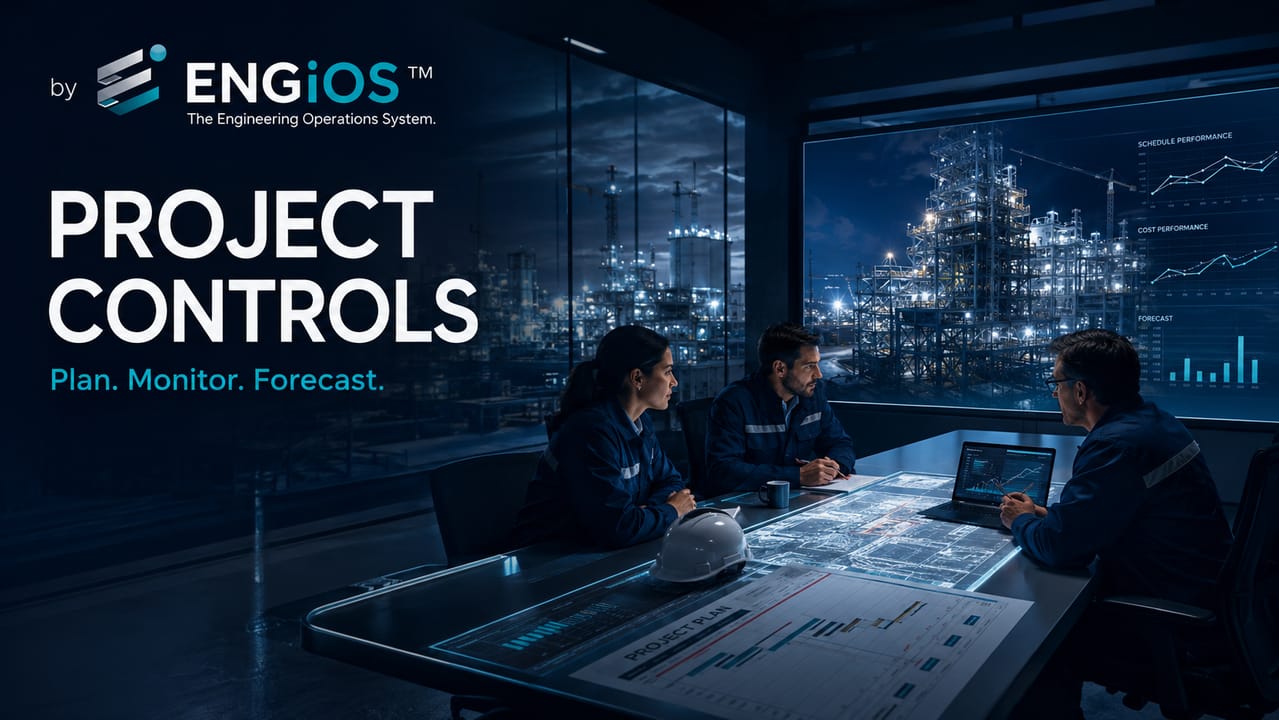 Imagem demonstrando o conceito de Project Controls em Engenharia, com planejamento integrado, cronograma, custos, indicadores e controle de desempenho de projetos.