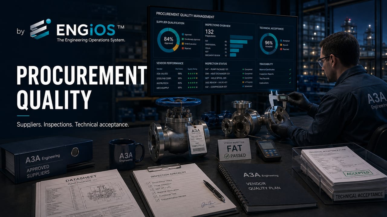 Imagem demonstrando gestão da qualidade em Procurement, com requisitos técnicos, fornecedores, inspeções, rastreabilidade e aceite de materiais e equipamentos.